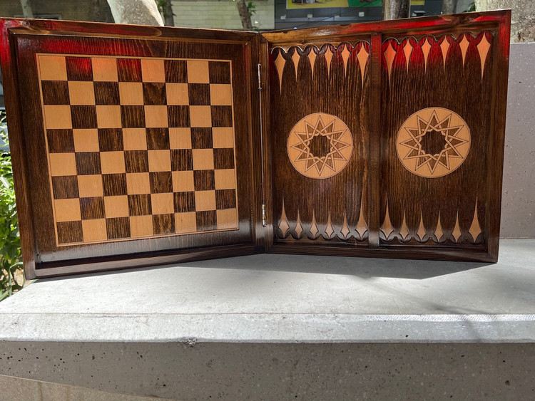 خرید ۴ بازی تخته نرد شطرنج منچ مارپله چوب روس و راش