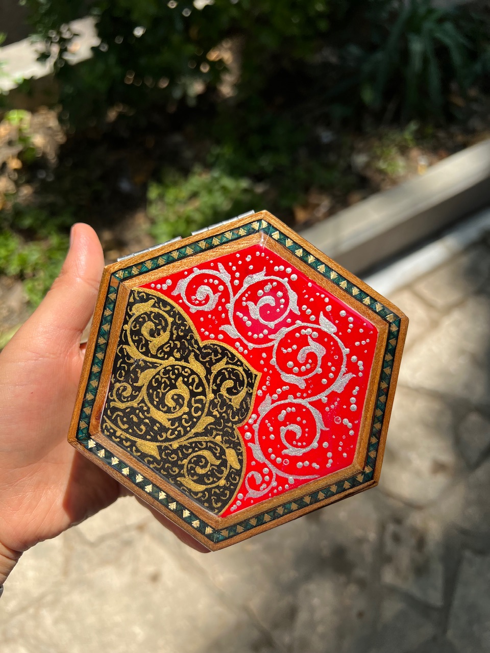 خرید جعبه جواهراتی ۶ ضلعی خاتم کاری شده