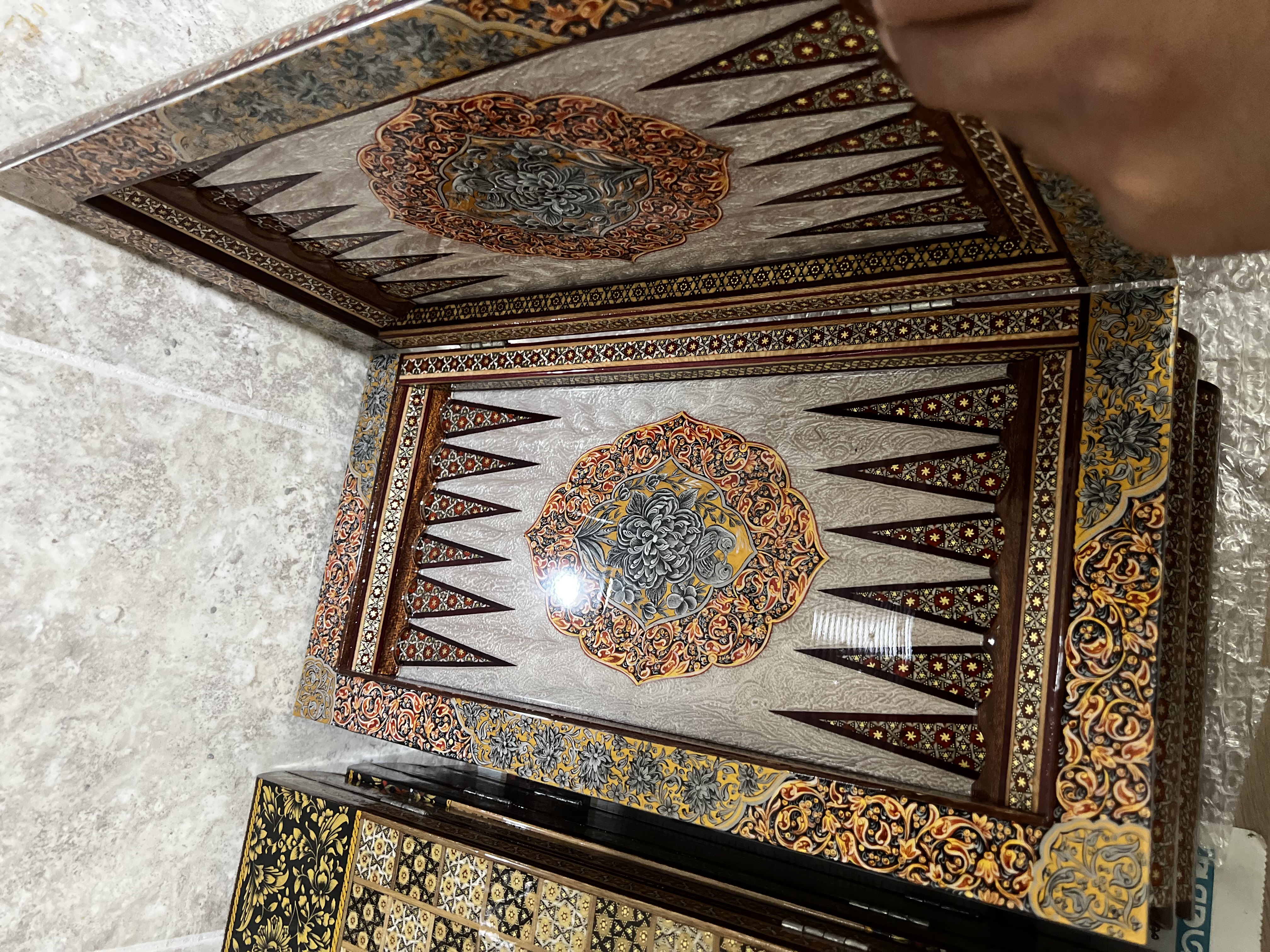خرید تخته نرد خاتم کاری شده طرح گل و مرغ شطرنج خاتم